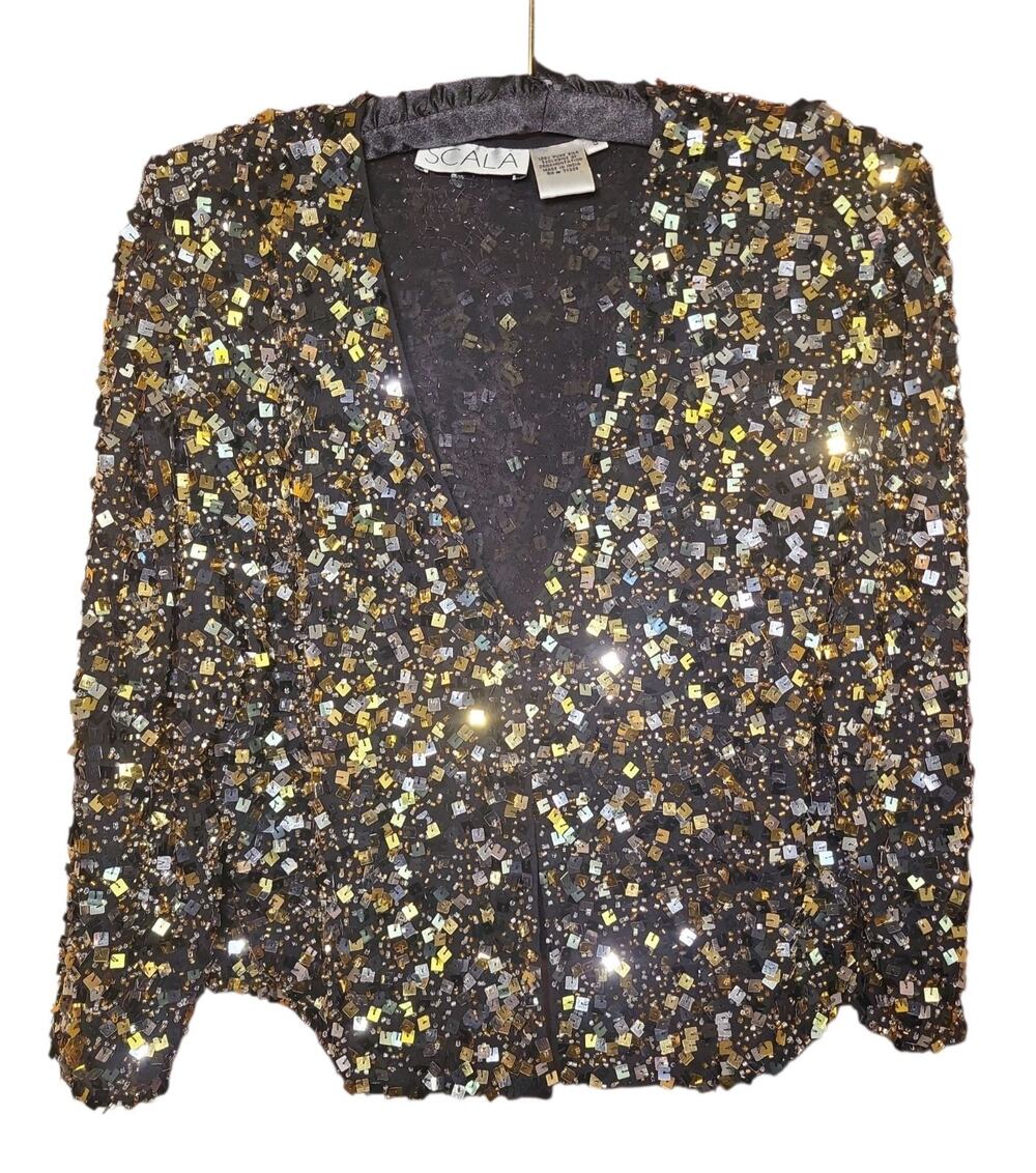 Vintage 100% Silk Sequin Beaded Cropped Cardigan Sz S Sparkle Glam Evening